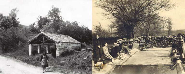 Antiguos lavaderos en la comarca de la Valdivia con mujeres lavando