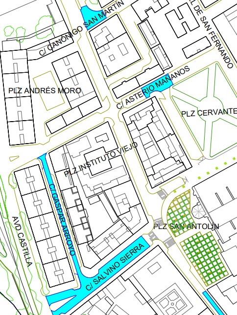 Mapa que muestra las calles que se asfaltarán en San Pablo y Santa Marina en Palencia.