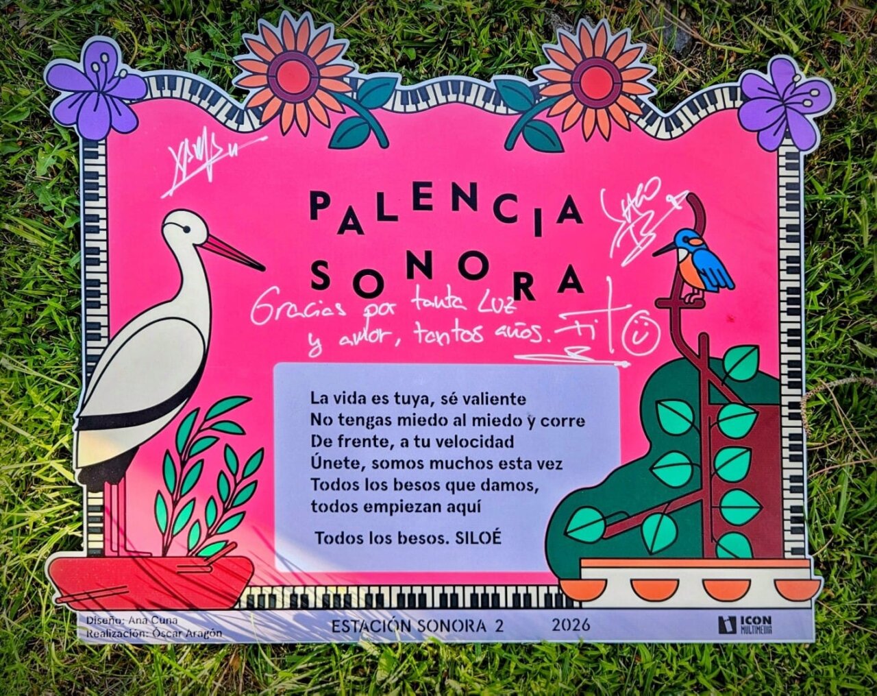 Cartel de la estación sonora de Palencia con versos de Siloé