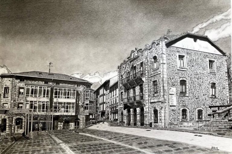 Dibujo en blanco y negro de edificios en la plaza de Barruelo