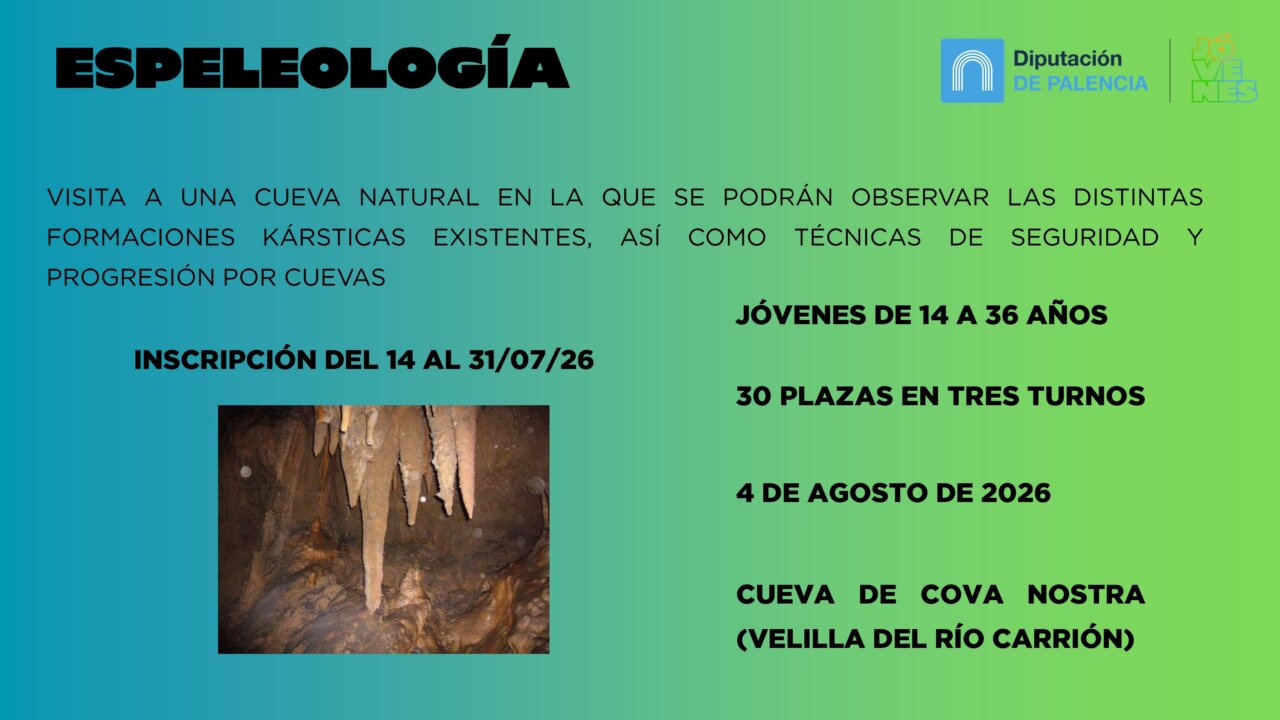 Cartel de actividad de espeleología para jóvenes en Palencia