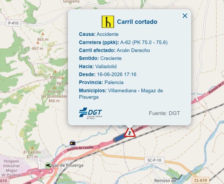 Mapa de la A-62 mostrando un carril cortado por un incendio de camión