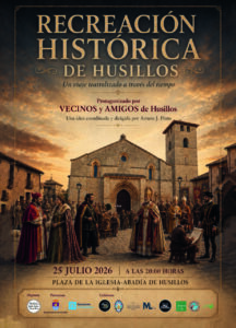 Cartel de la recreación histórica en Husillos con actores y la iglesia de fondo