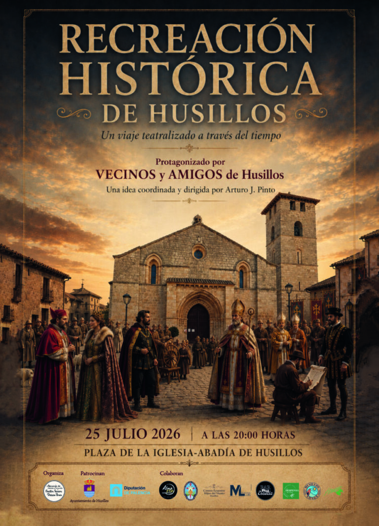 Cartel de la recreación histórica en Husillos con actores y la iglesia de fondo