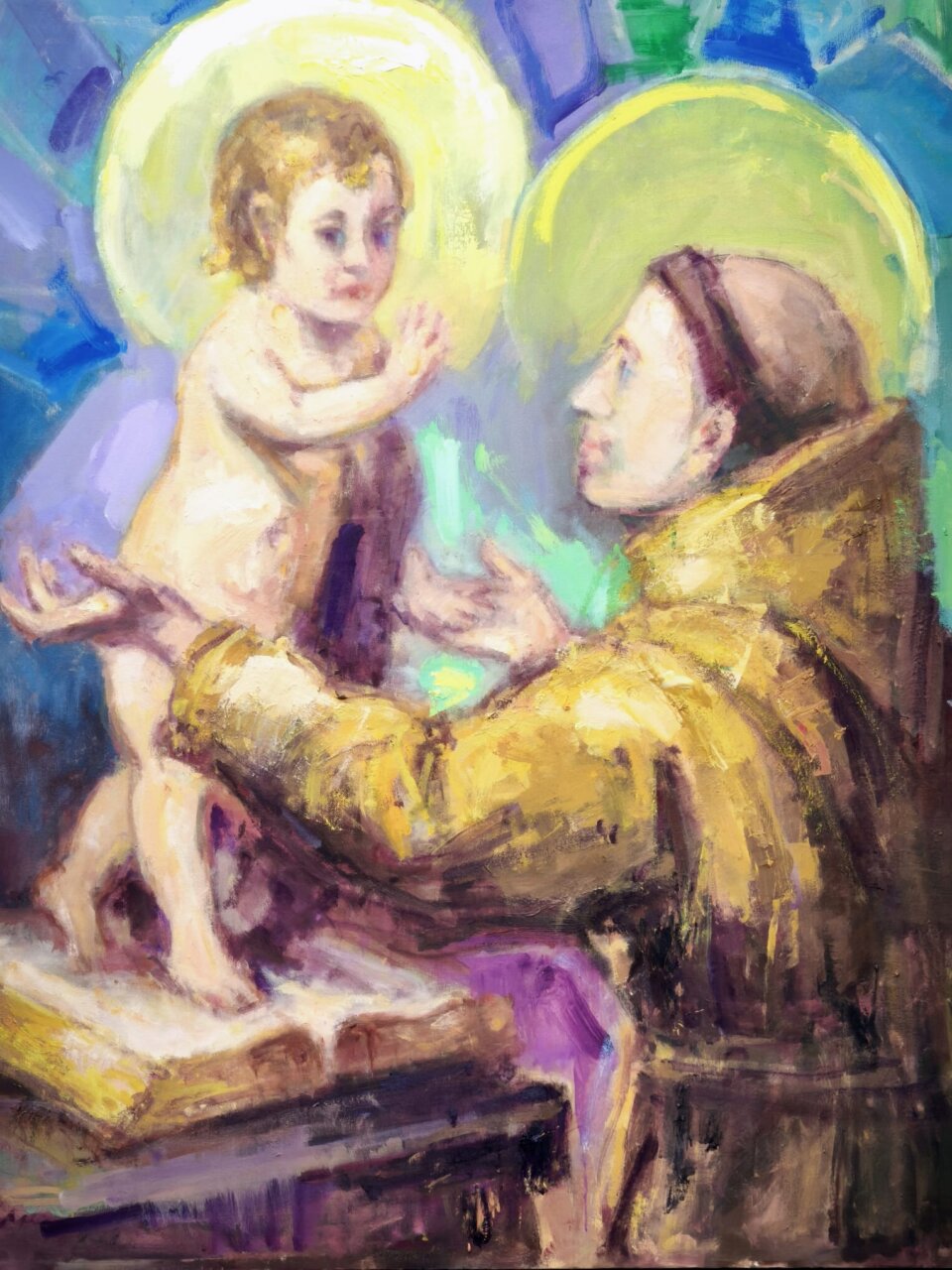Pintura de San Antonio sosteniendo al niño Jesús en un fondo colorido