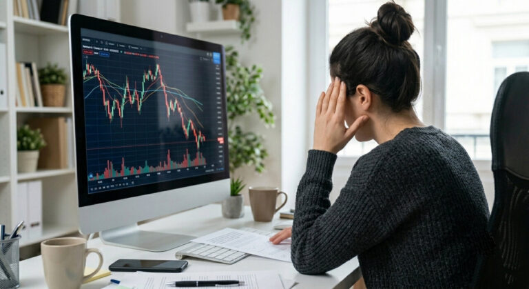 Mujer preocupada mirando gráficos financieros en un ordenador