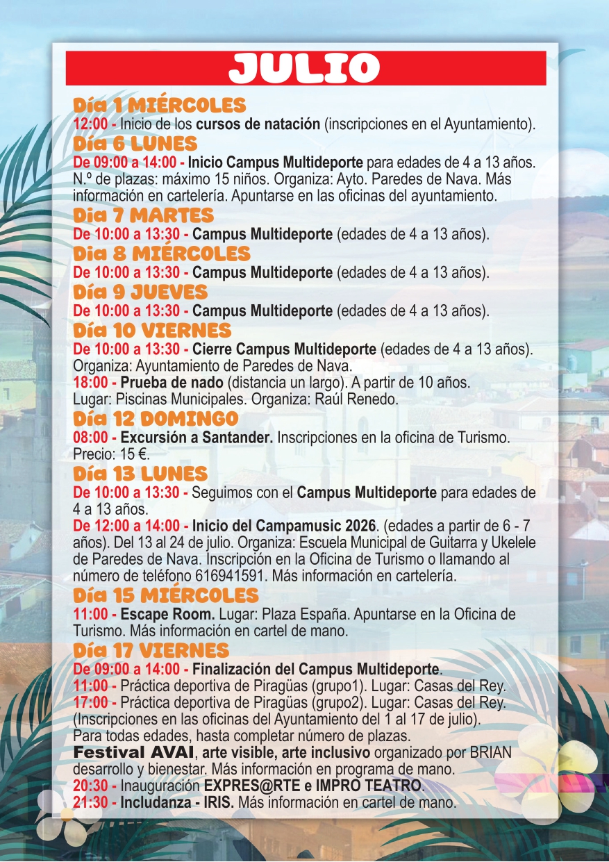 Calendario de actividades del programa de verano en Paredes de Nava 2026