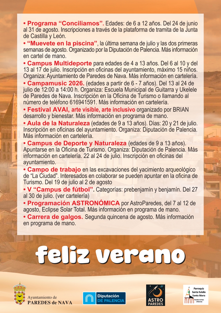Cartel del programa de verano 2026 en Paredes de Nava con actividades diversas.