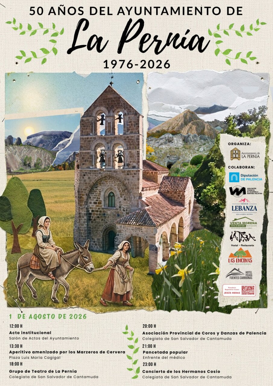 Cartel del 50 aniversario del Ayuntamiento de La Pernía con imágenes culturales