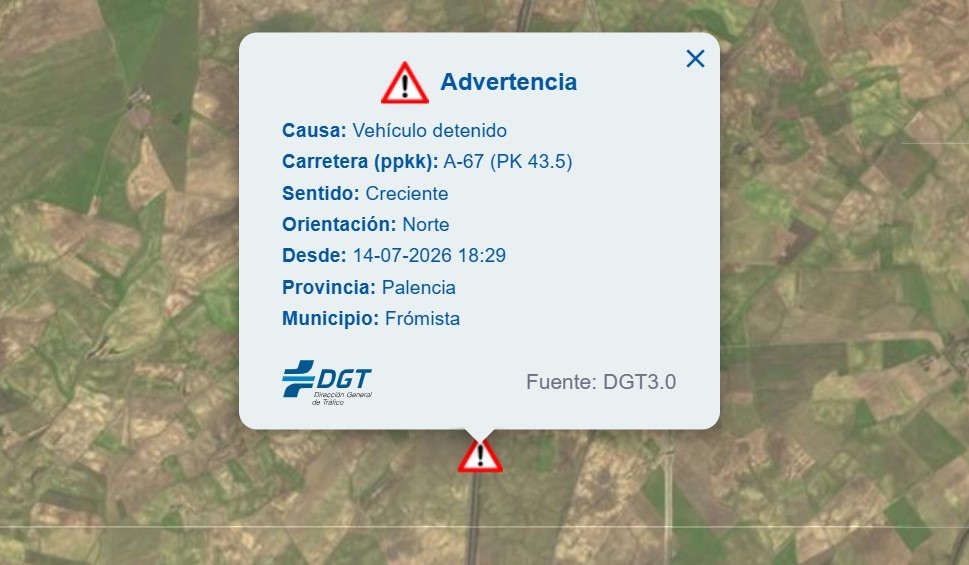 Mapa de advertencia de accidente en la A-67 en Frómista, Palencia