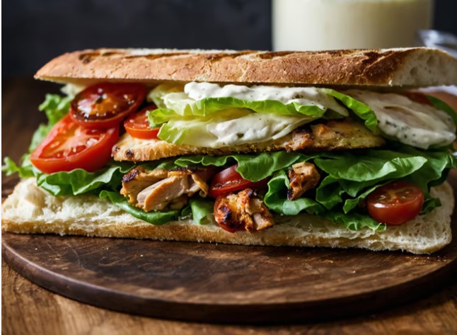 Sándwich de pollo con lechuga y tomate en pan crujiente