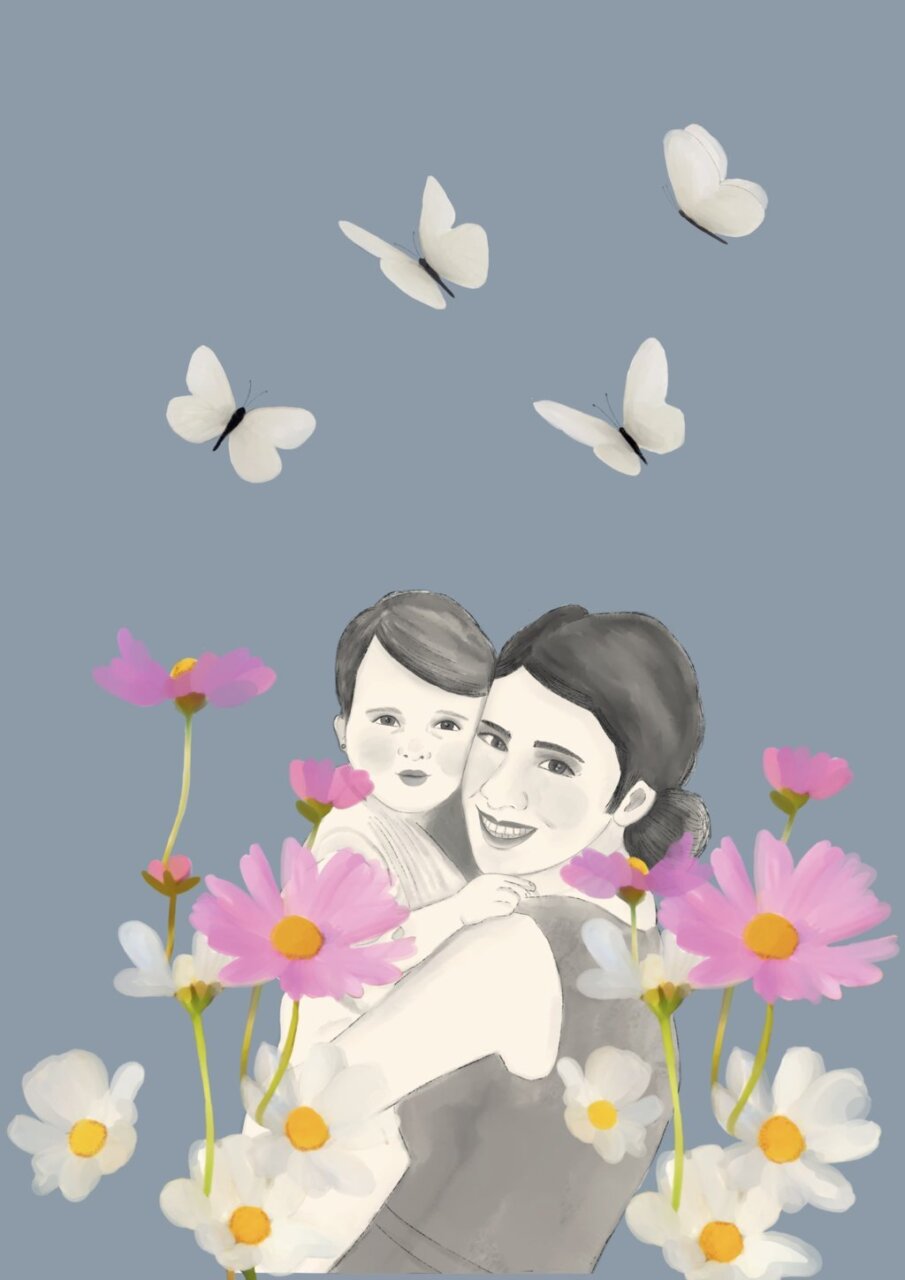 Ilustración de madre e hijo rodeados de flores y mariposas