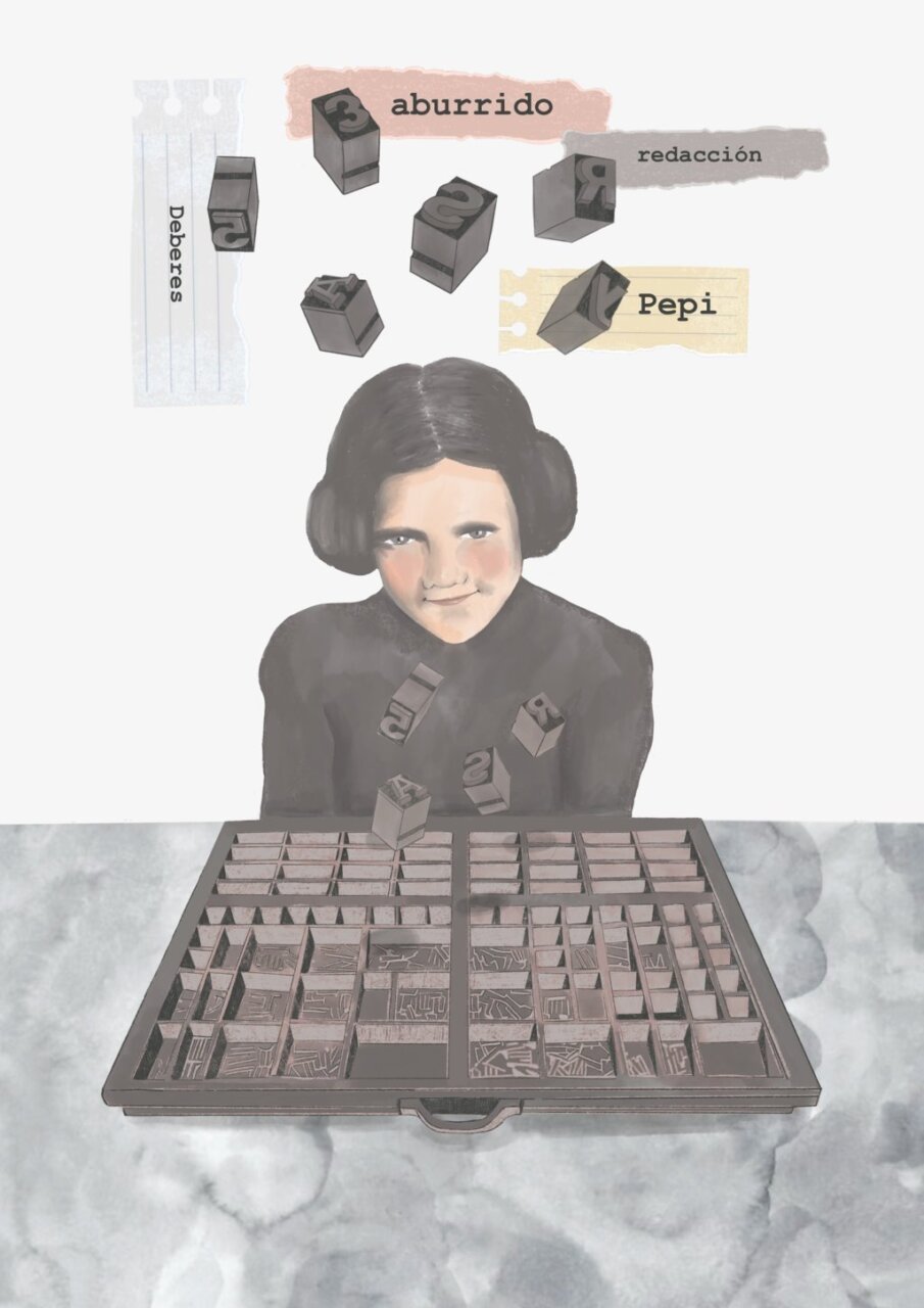 Ilustración de una niña con letras y palabras sobre una mesa