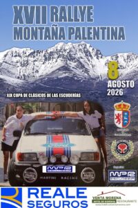 Cartel del XVII Rallye Montaña Palentina con montañas y un coche clásico