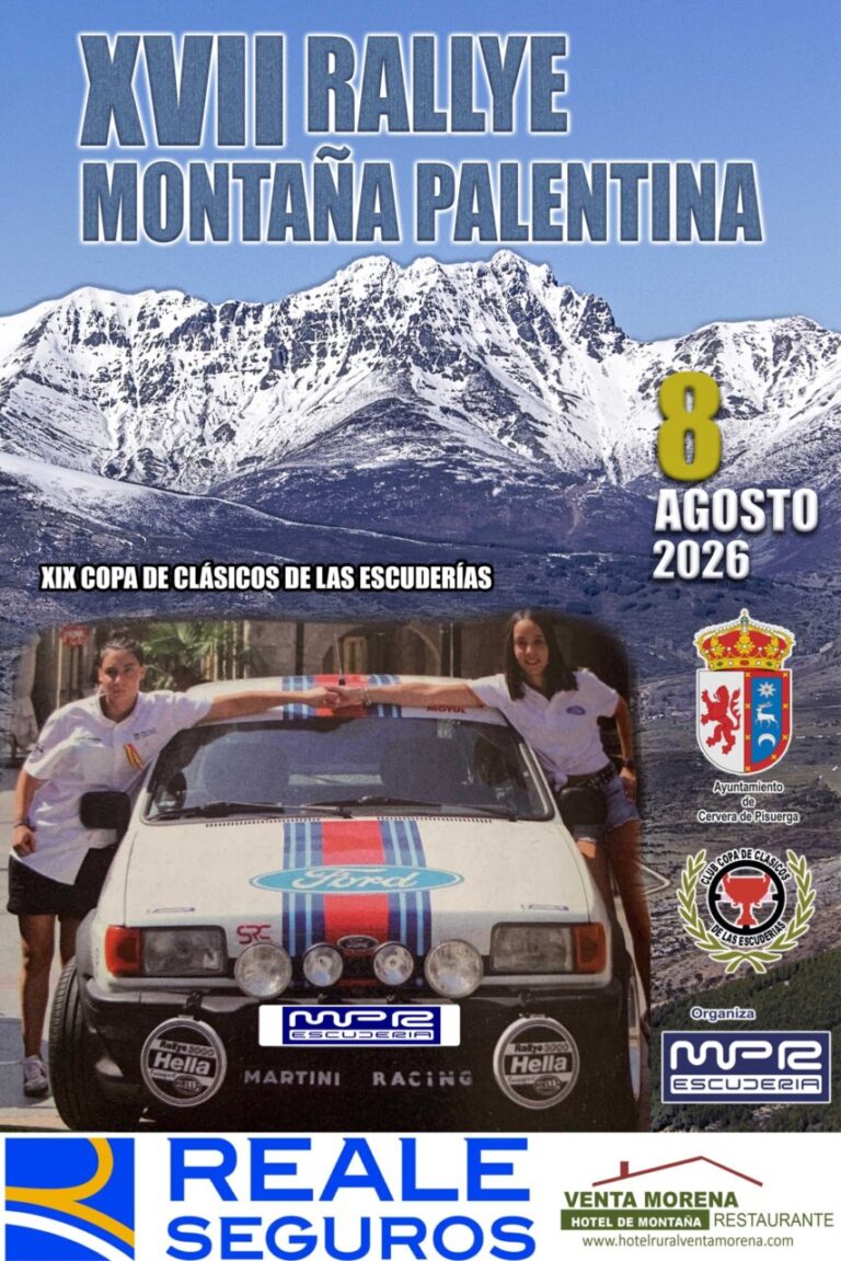 Cartel del XVII Rallye Montaña Palentina con montañas y un coche clásico