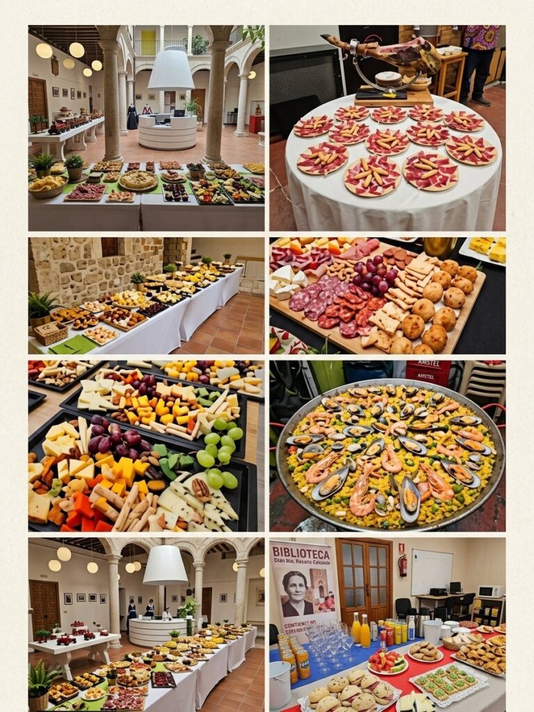 Mesa de catering con variedad de platos y decoraciones en un evento