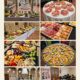 Mesa de catering con variedad de platos y decoraciones en un evento