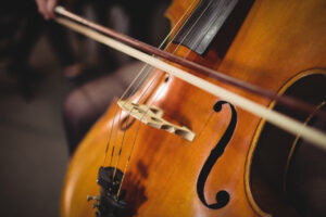 Primer plano de un violonchelo con arco en acción