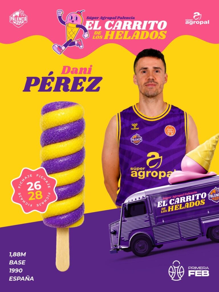 Dani Pérez en su camiseta del Palencia Baloncesto con un helado