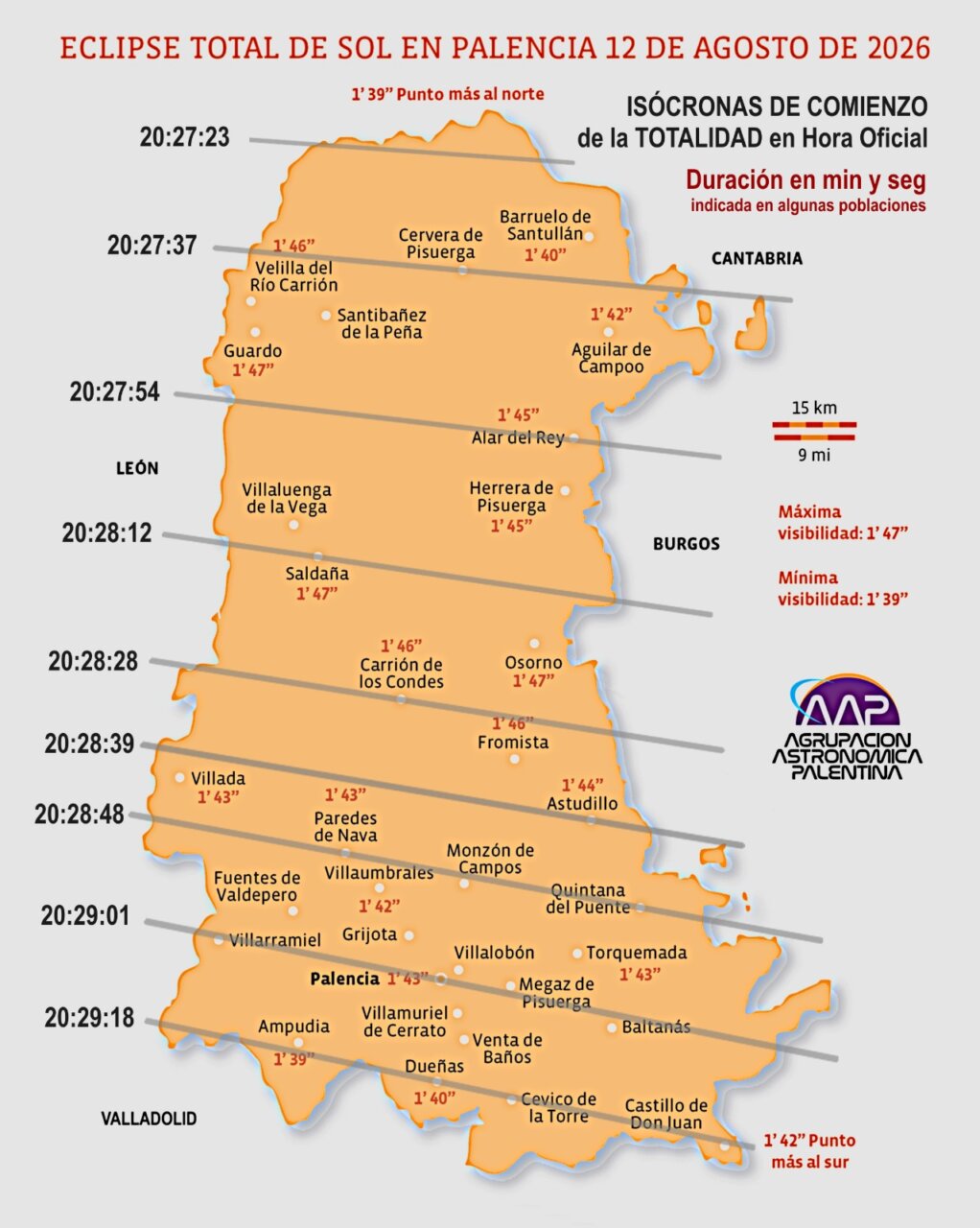 Mapa de la trayectoria del eclipse total de sol en Palencia 2026