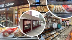 Exterior del bar El Farolillo con tapas y bebidas en exhibición