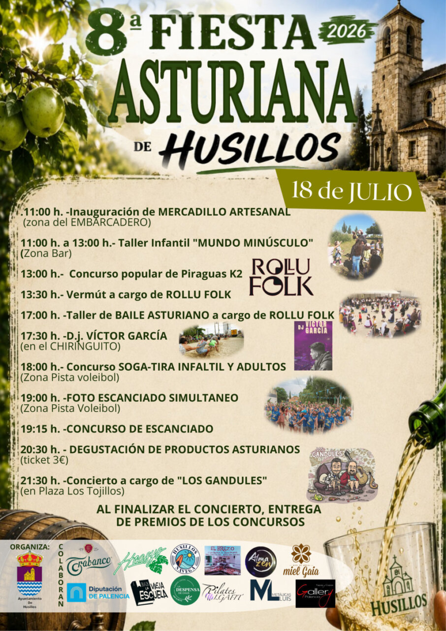 Cartel de la 8ª Fiesta Asturiana en Husillos con actividades programadas.