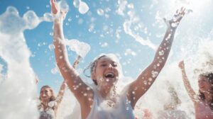 Niños disfrutando de una fiesta de espuma bajo el sol