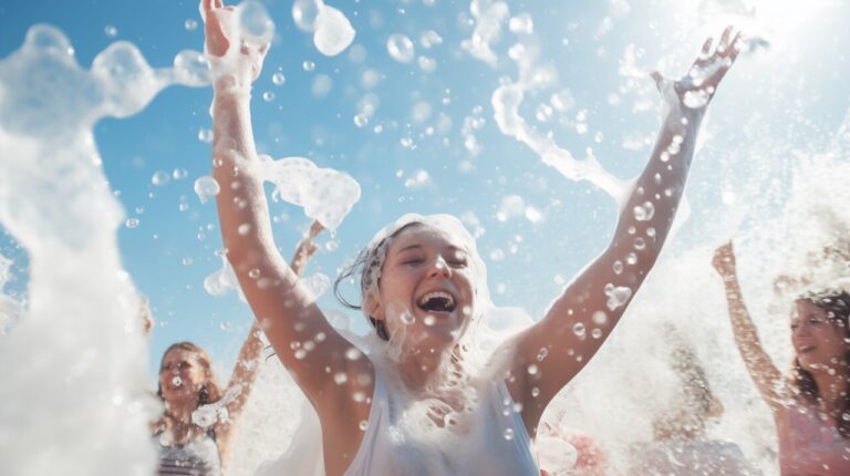 Niños disfrutando de una fiesta de espuma bajo el sol