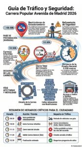 Guía de tráfico para la Carrera Popular Avenida Madrid 2026 con horarios y restricciones.