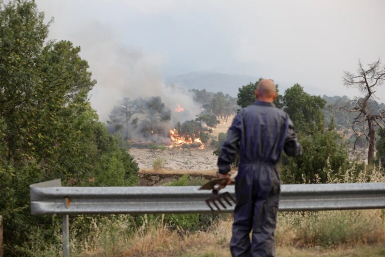 Bombero observando el incendio forestal en Burgohondo