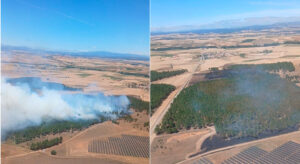 Imágenes aéreas del incendio en Calahorra de Boedo mostrando humo y vegetación afectada