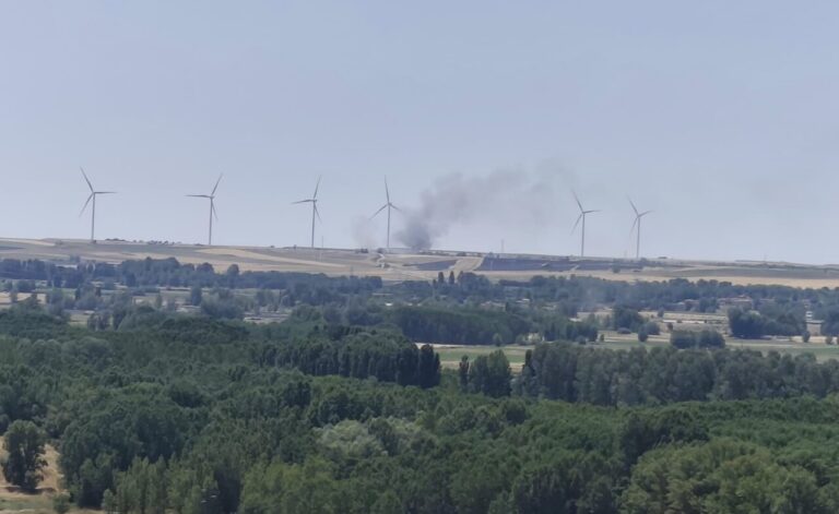 Vista de un incendio forestal en Palencia con humo y molinos de viento