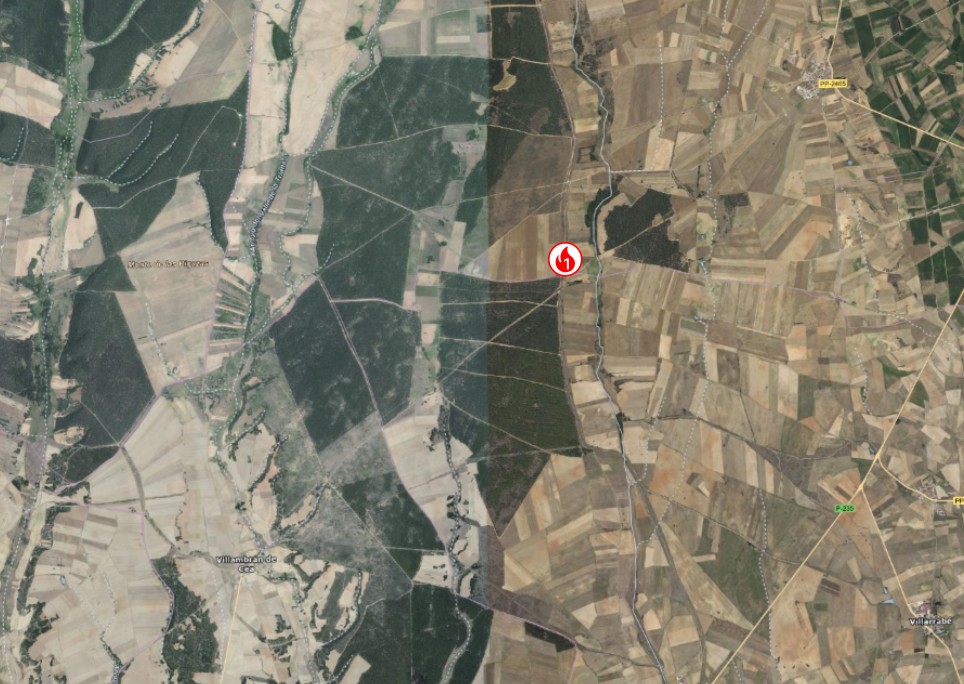 Mapa que muestra el incendio en Santervás de La Vega con áreas afectadas.