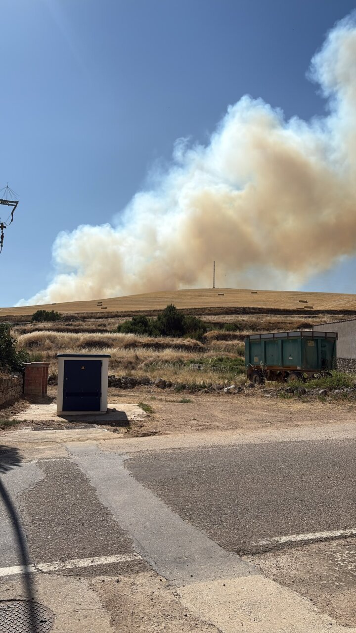 Densa columna de humo de un incendio forestal en Valdeolmillos.