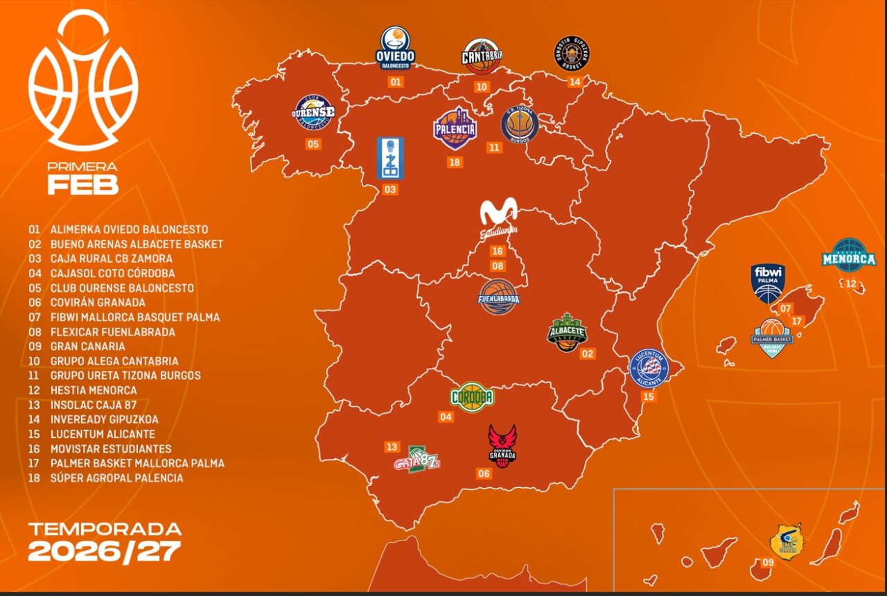 Mapa de la Primera FEB con equipos de baloncesto en España
