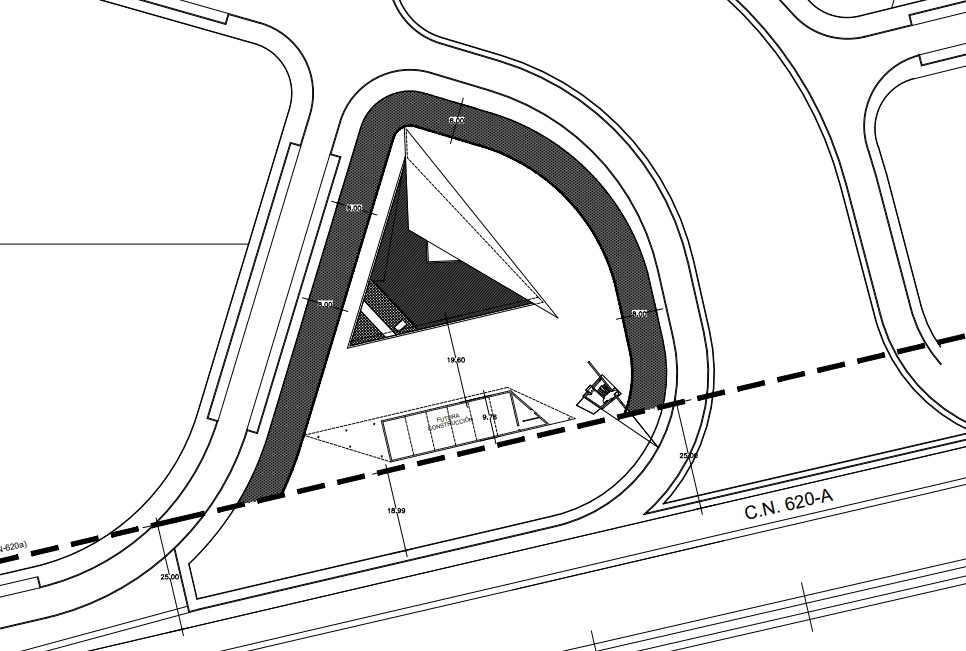 Plano del nuevo parque de bomberos en Venta de Baños con forma triangular.