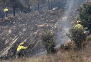 Efectivos trabajando en el incendio de Ávila con herramientas de extinción.
