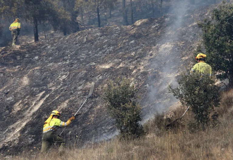 Efectivos trabajando en el incendio de Ávila con herramientas de extinción.