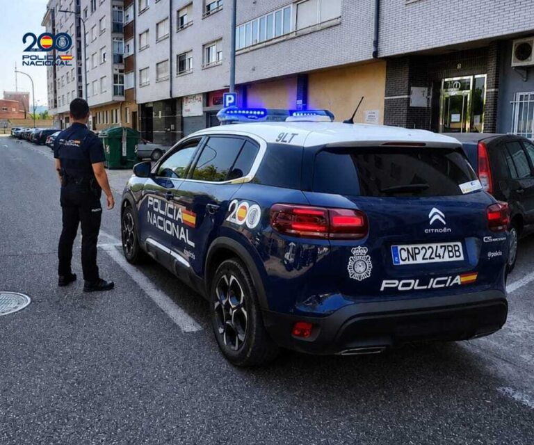 Agente de la Policía Nacional junto a un coche patrulla en la calle