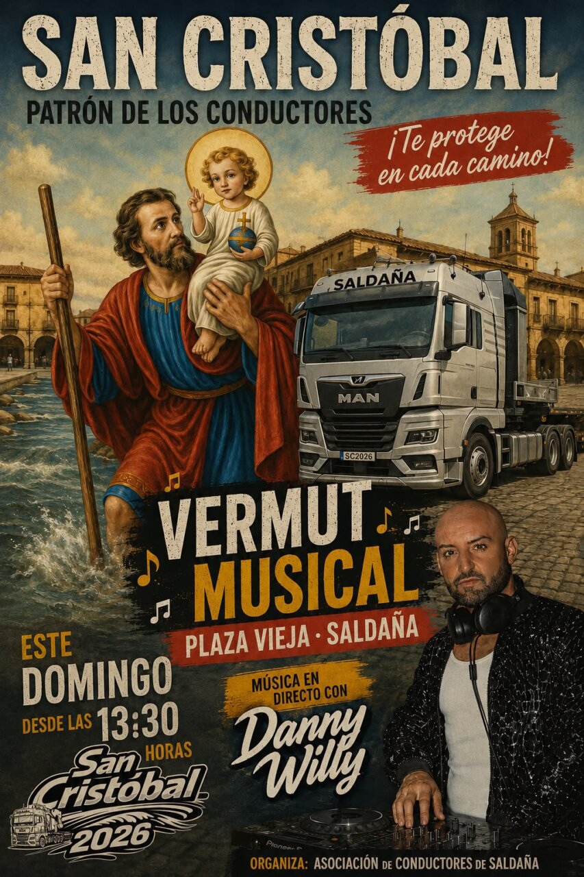 Cartel del evento de San Cristóbal en Saldaña con camión y DJ.