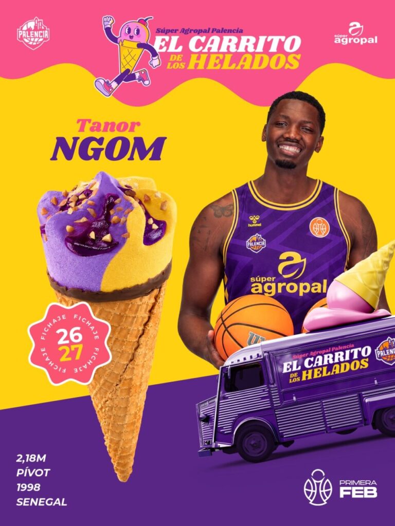 Tanor Ngom posando con un balón de baloncesto y un helado