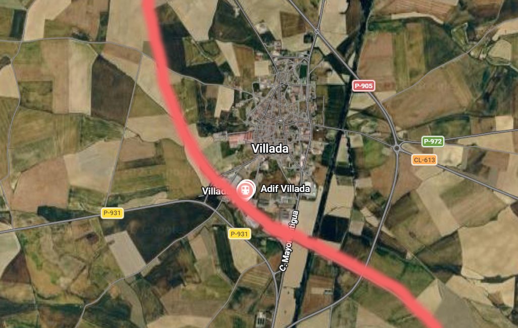 Mapa de Villada mostrando la ruta del tren de mercancías y áreas afectadas por el incendio.