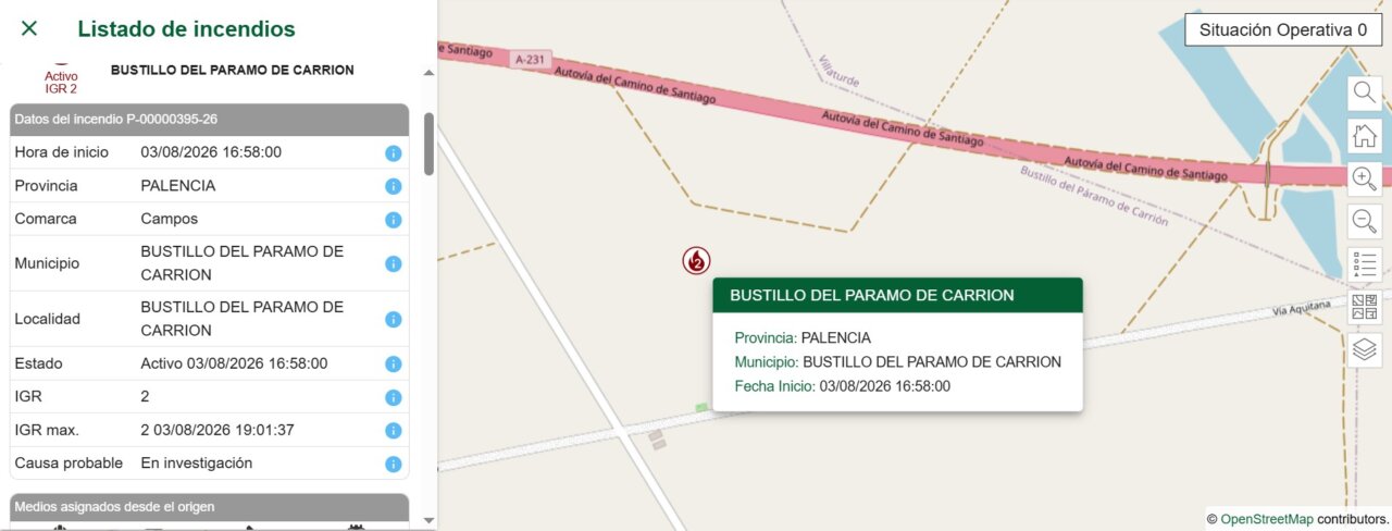 Incendio forestal en Bustillo del Páramo de Carrión con medios de extinción