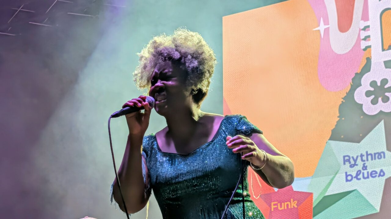 Cantante de Principles of Joy actuando en Palencia durante San Antolín