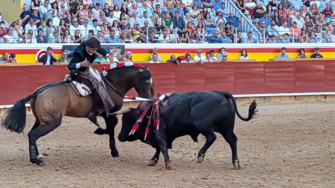 Rejoneador en acción durante una corrida de toros en Palencia.