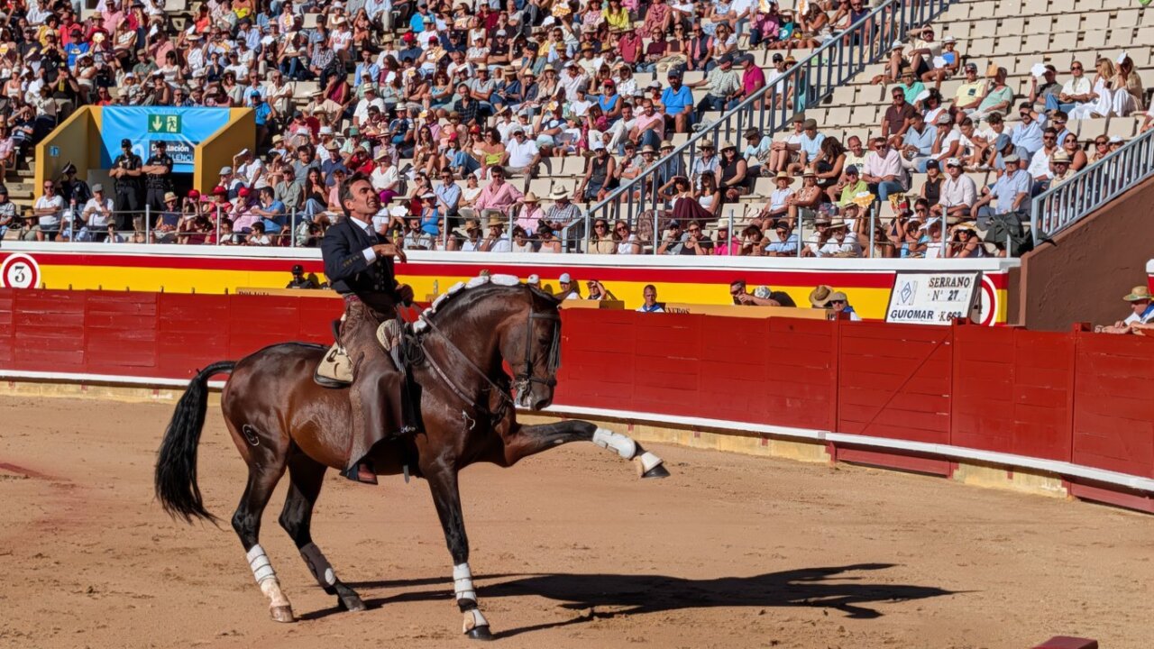 Rejoneador montando un caballo en la plaza de toros de Palencia