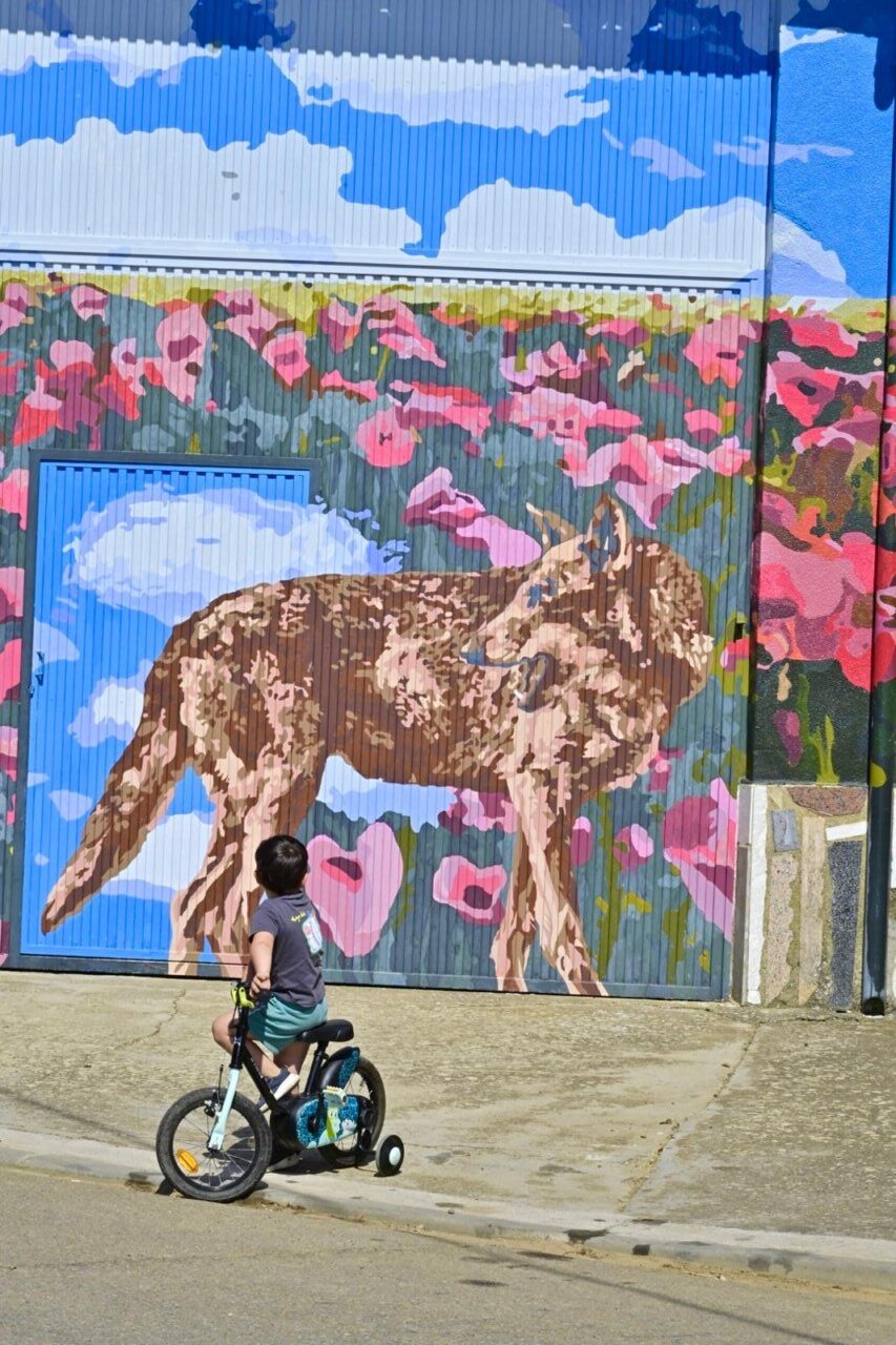 Mural colorido en Polvorosa de Valdavia con un niño en bicicleta