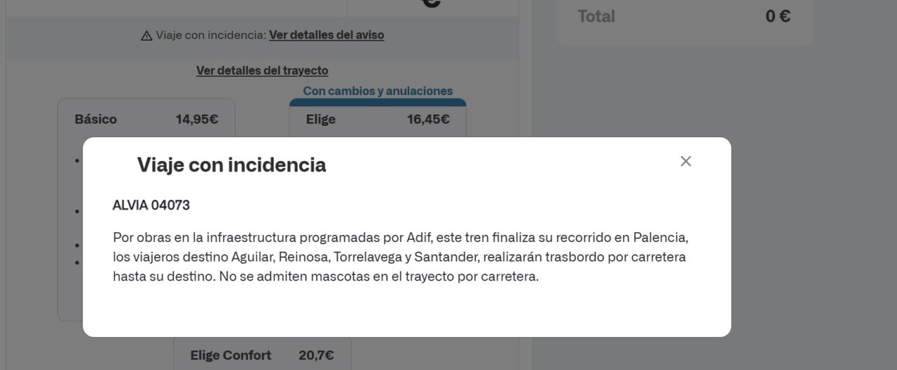 Aviso de incidencia en el viaje del tren Alvia con trasbordo por carretera