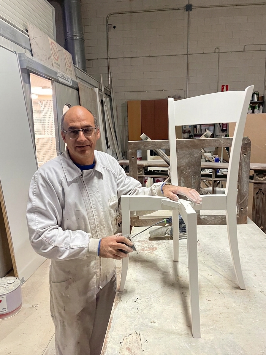 Hombre aplicando barniz a una silla blanca en un taller de muebles