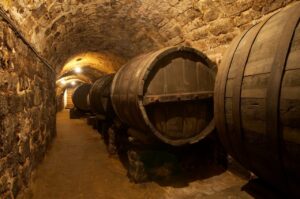 Interior de la bodega Remigio Salas con barricas de vino